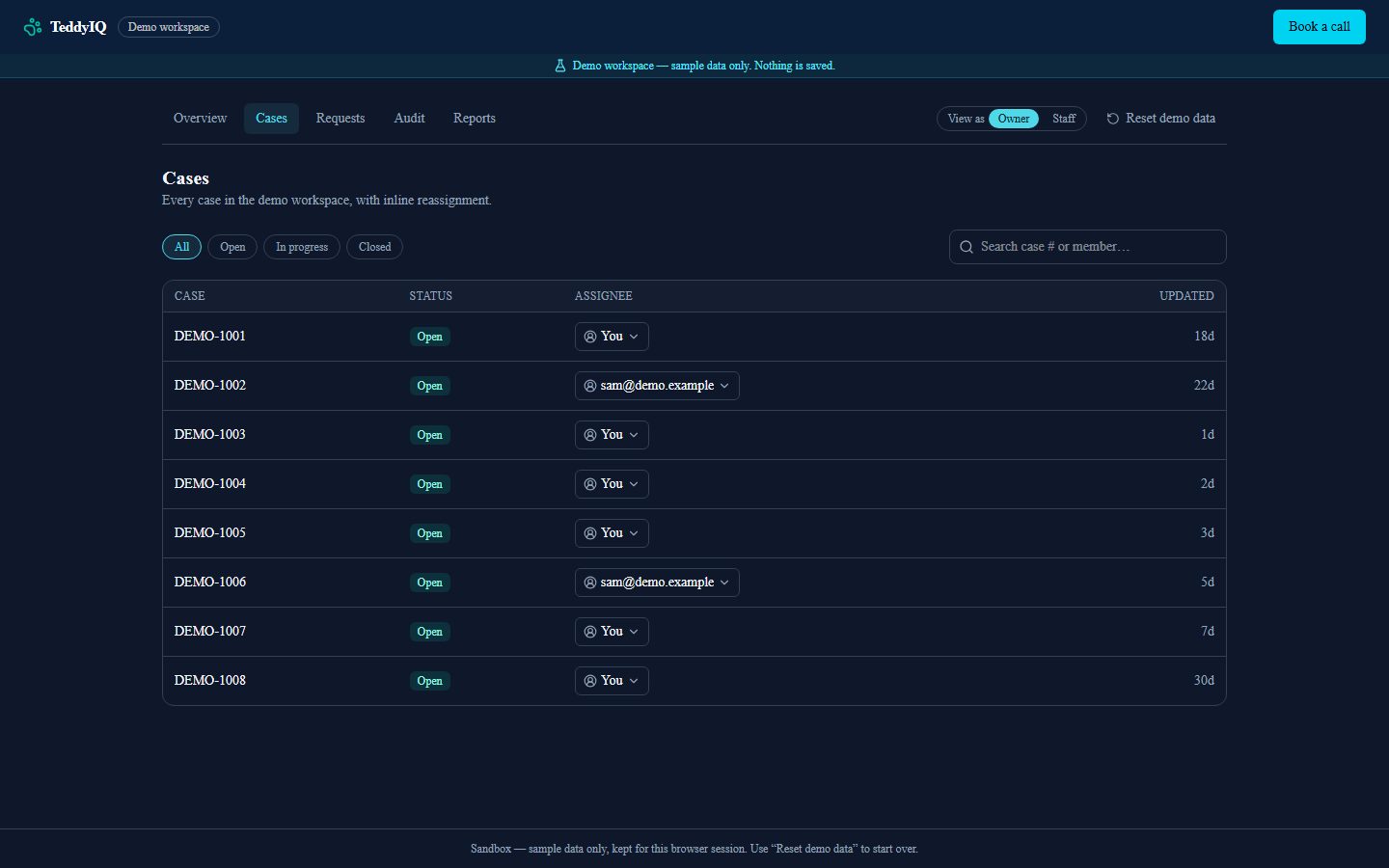 The cases screen with search, filters, and assignments