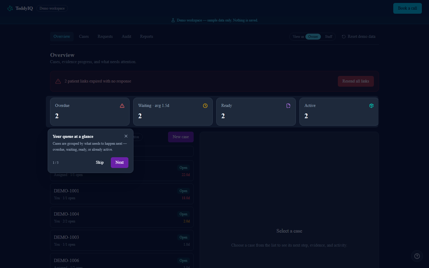 The TeddyCare Medical workspace showing cases, progress, and what needs attention
